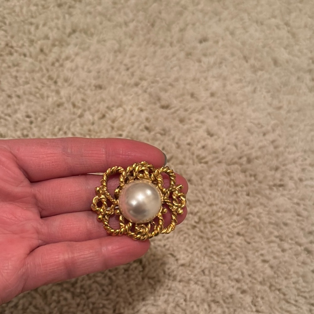 Vintage Stamped Elegant Gold and Faux Pearl Brooch Clip
